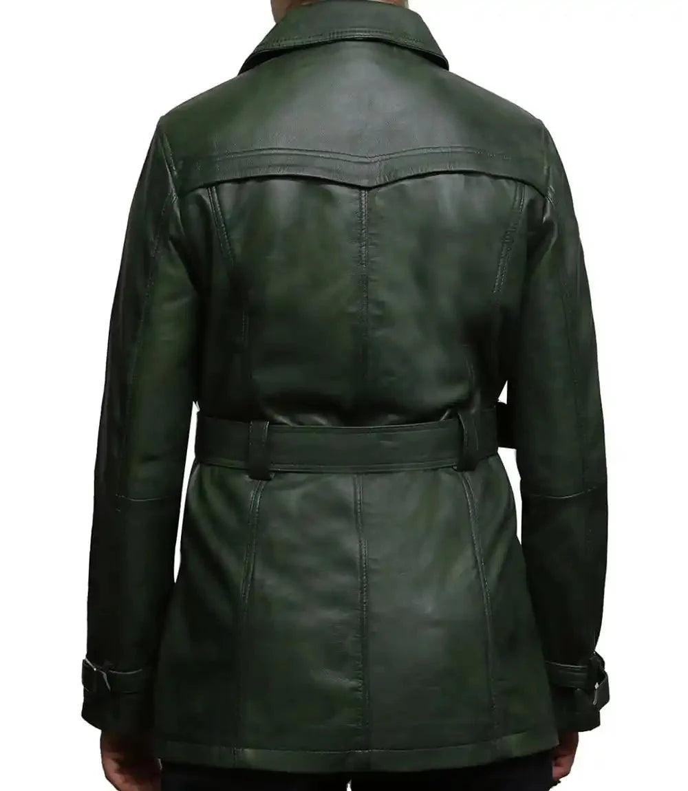 Women Petite Olive Green Leather Long Coat - MovieStarJacket