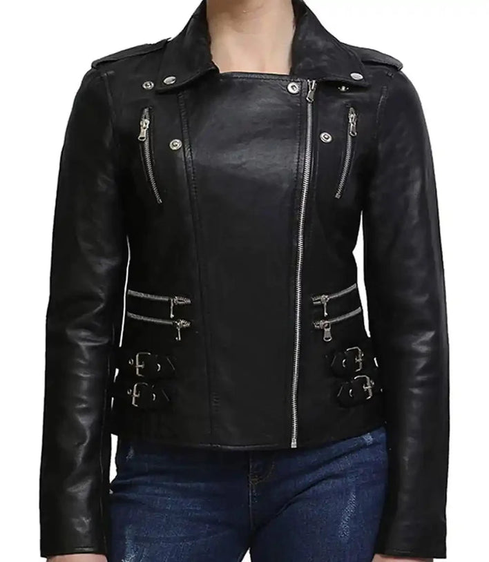 Women Vintage Black Motorcycle Leather Jacket - MovieStarJacket