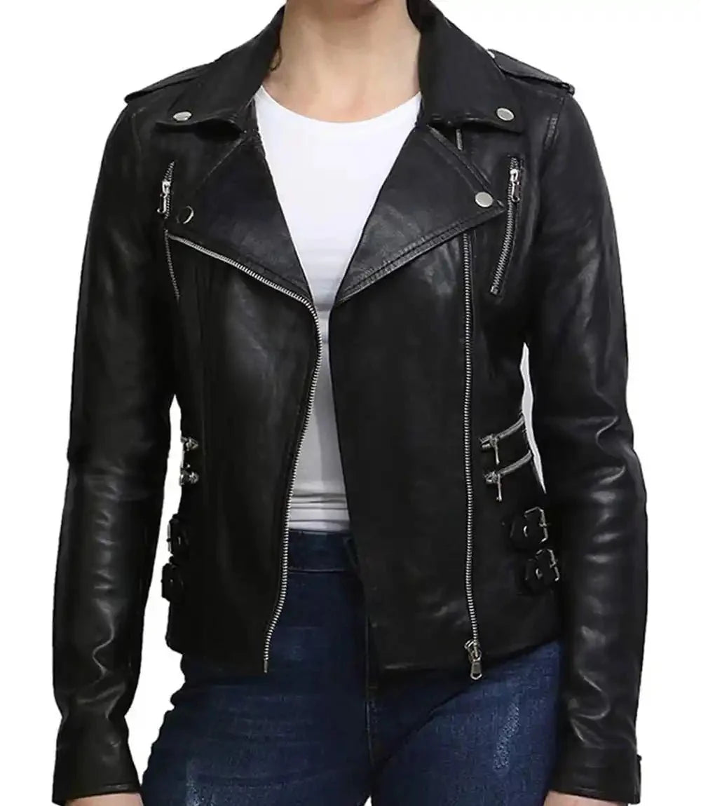 Women Vintage Black Motorcycle Leather Jacket - MovieStarJacket