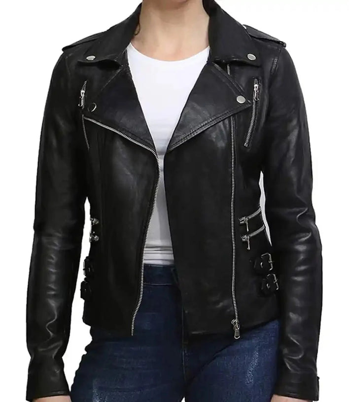 Women Vintage Black Motorcycle Leather Jacket - MovieStarJacket