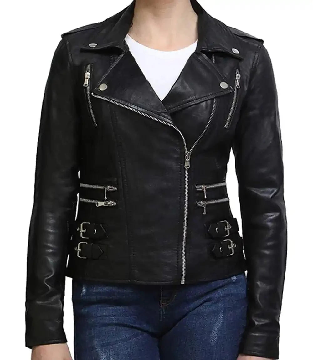 Women Vintage Black Motorcycle Leather Jacket - MovieStarJacket
