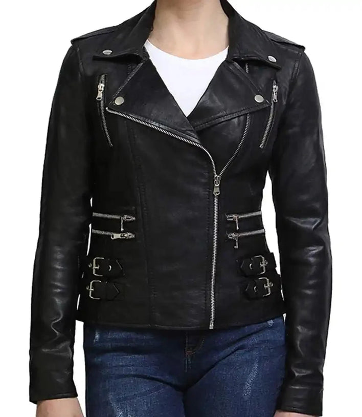 Women Vintage Black Motorcycle Leather Jacket - MovieStarJacket