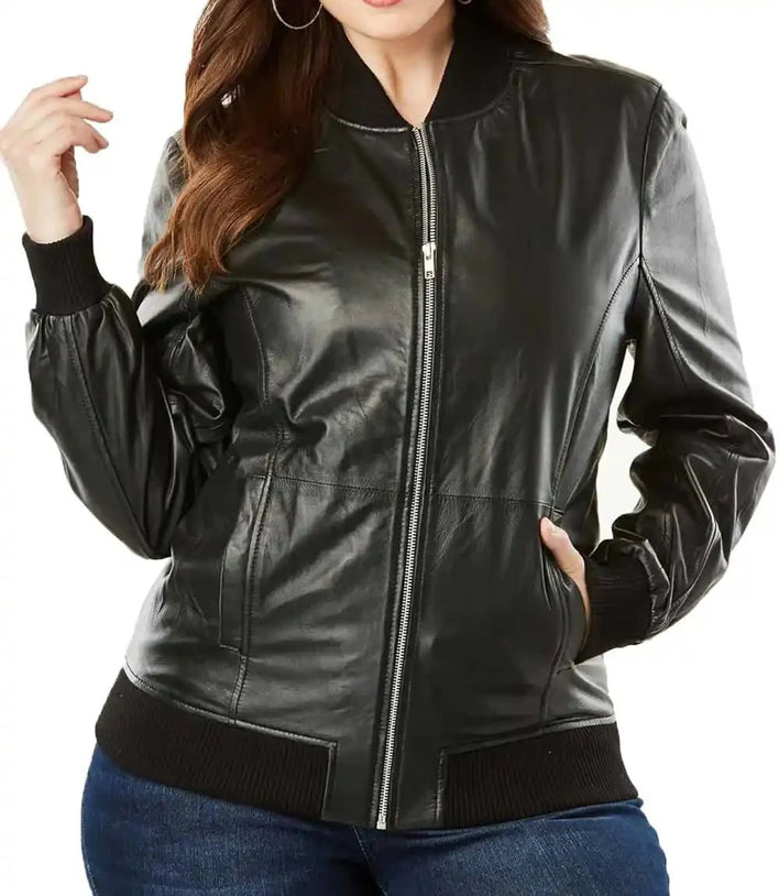 Womens Black Leather Bomber Jacket - MovieStarJacket