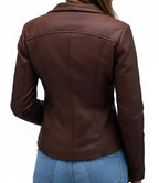 Womens Drape Collar Lyla Brown Leather Jacket - MovieStarJacket