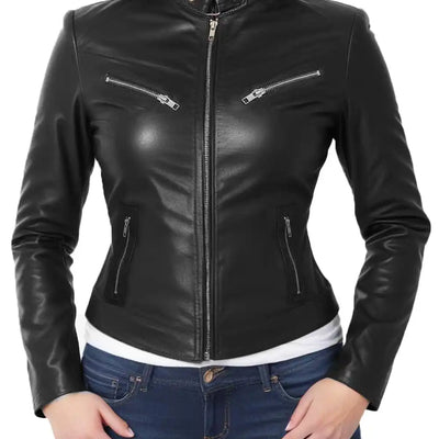 Women Cropped Slim Fit Black Leather Jacket