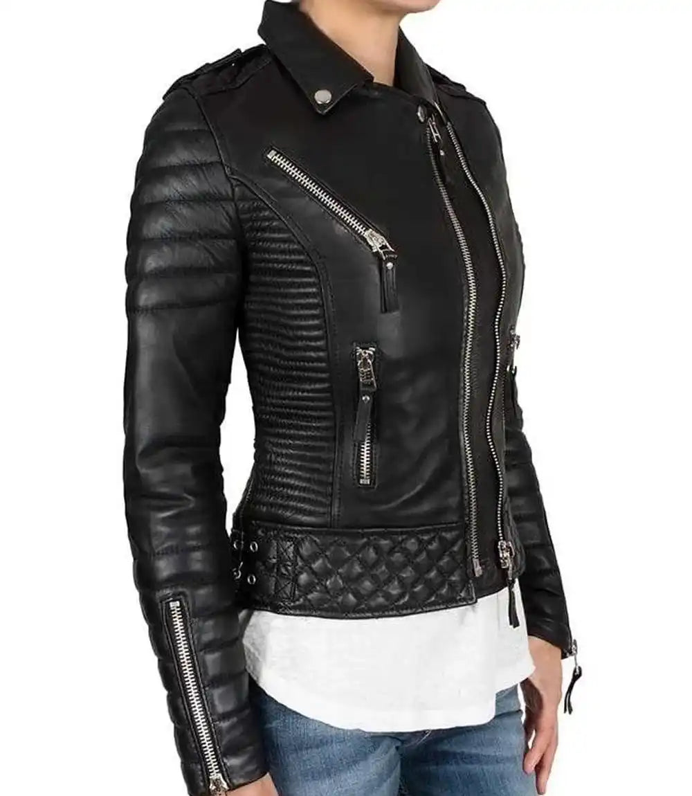Womens Petite Black Quilted Leather Jacket - MovieStarJacket