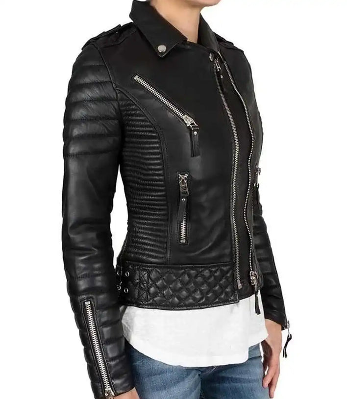 Womens Petite Black Quilted Leather Jacket - MovieStarJacket