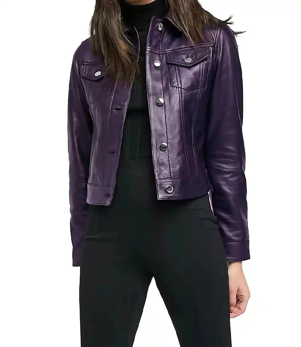 Womens Trucker Jacket Purple Leather - MovieStarJacket