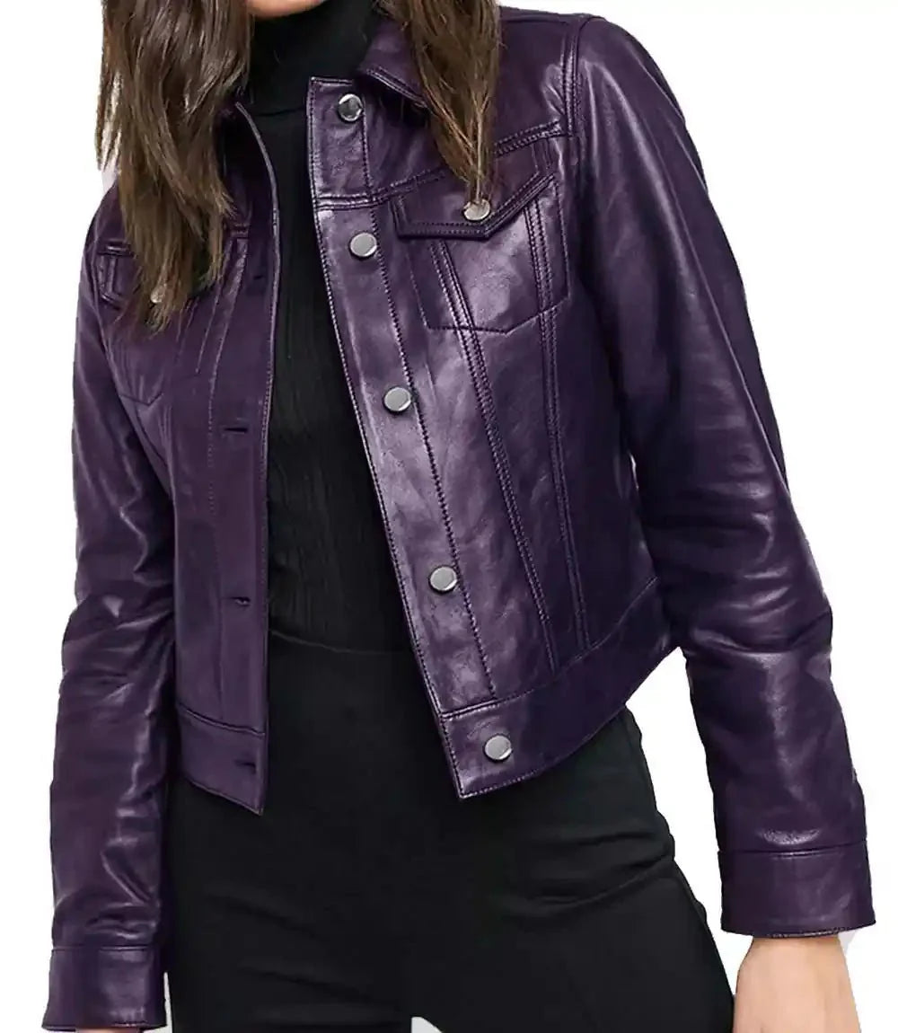 Womens Trucker Jacket Purple Leather - MovieStarJacket